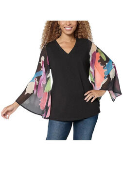 Brandis Women's Autumn Abstract Breezey Sleeve V-Neck Top Black - Plus